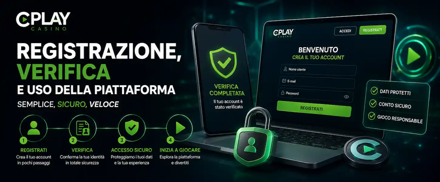 Cplay Casino presenta la registrazione con verifica dell'identità e accesso sicuro alla piattaforma.